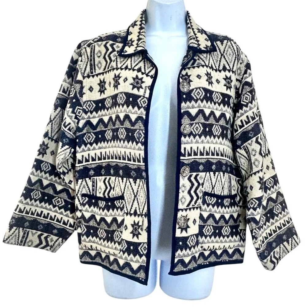 Jane Ashley Tapestry Jacket size M Button Front Aztec Southwestern Navy White